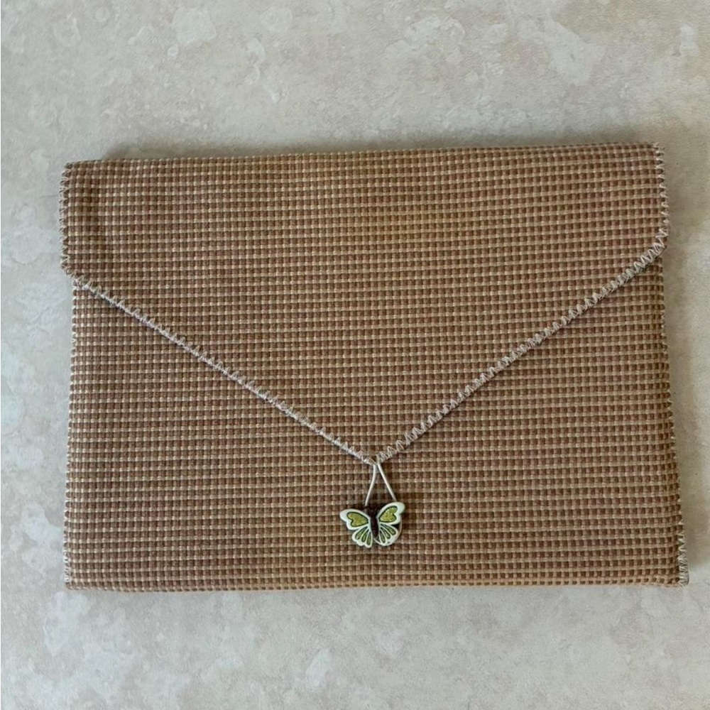 Waffle Weave Tan Envelope Clutch with Butterfly Charm